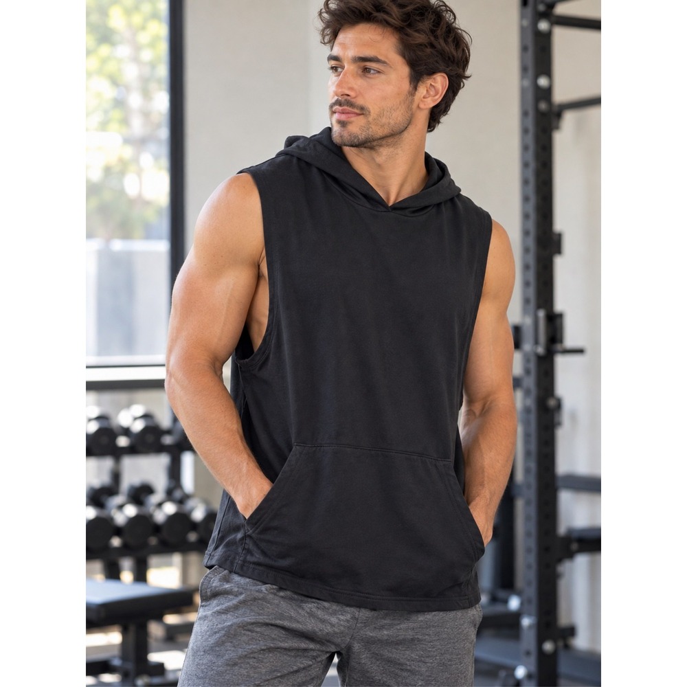 COOFANDY Men Sleeveless Hoodie Gym Workout Pullover Pockets Black Size L NWT